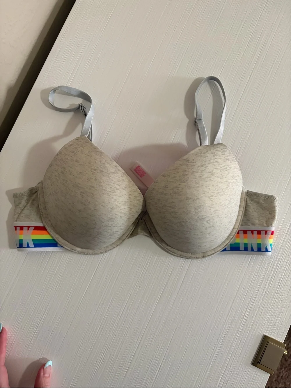 🌈🎀PINK VS Heather Gray Molded Push Up T-Shirt Bra & Rainbow Band🌈🎀